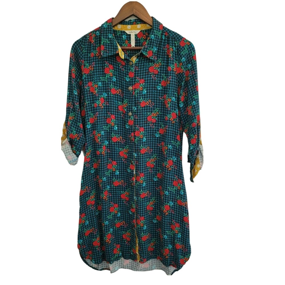 Matilda Jane Size S Fa La La Shirt Dress Roll Tab Sleeves Floral Gingham Pockets